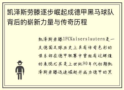 凯泽斯劳滕逐步崛起成德甲黑马球队背后的崭新力量与传奇历程