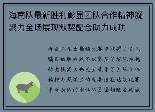 海南队最新胜利彰显团队合作精神凝聚力全场展现默契配合助力成功