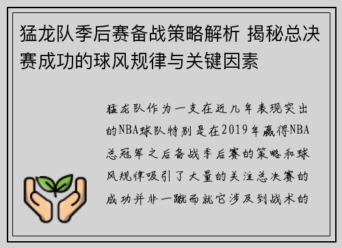 猛龙队季后赛备战策略解析 揭秘总决赛成功的球风规律与关键因素