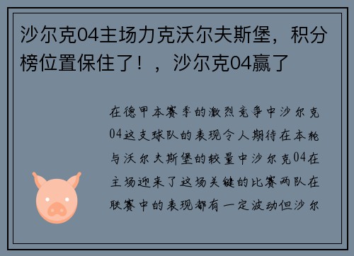 沙尔克04主场力克沃尔夫斯堡，积分榜位置保住了！，沙尔克04赢了