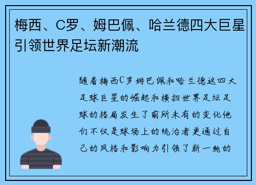 梅西、C罗、姆巴佩、哈兰德四大巨星引领世界足坛新潮流