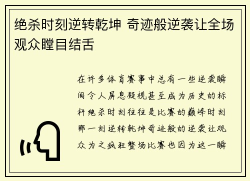 绝杀时刻逆转乾坤 奇迹般逆袭让全场观众瞠目结舌
